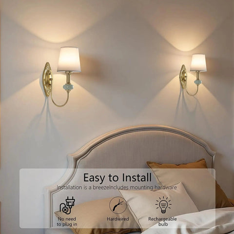 Vintage Wireless Wall Sconce Set Of Two Rechargeable Gold Led Accent Lamps With Fifteen RGB Mood Tones Zero Cord Hassle Super Easy Mount For Living Room Vibe mounted above a bed, showcasing brass finish and white shades.