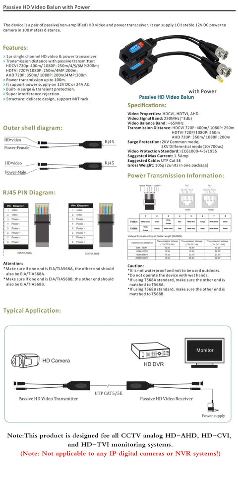 Diagram of Cat5 To BNC Video Balun Kit With Power For CCTV Cameras Passive Transceiver 2 Pairs Supports 720P 1080P 3MP 4MP HD CVI
