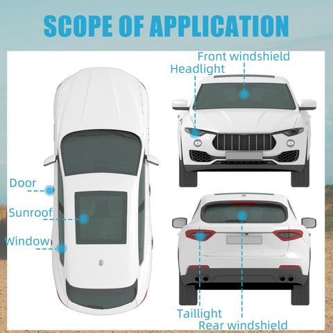 Top view and front view of car showing areas for Butyl Sealant Tape 13Ft For Cars Trucks RVs And Marine Use Weatherproof Water Seal.