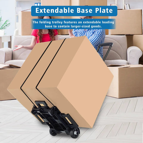 JMFOLD folding hand truck dolly, black steel with two wheels, carrying a large cardboard box.