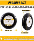 Beefy 14.5 Inch Wheelbarrow Wheel Solid Tire Replacement Kit showing dimensions and features on white background