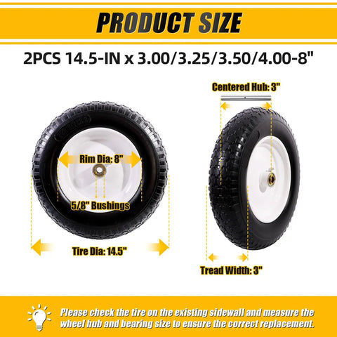 Beefy 14.5 Inch Wheelbarrow Wheel Solid Tire Replacement Kit showing dimensions and features on white background