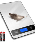 Ultra Precise Kitchen Scale With 11 Lb Capacity And 0.05 Oz Or 1 G Increments, Tare Function, LCD Backlit Display, Stainless Steel Platform, Four Sensor Technology For Baking, Cooking, Meal Prep, A Killer Gift For Home Cooks with feather and batteries