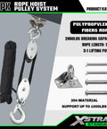 Rope Hoist Pulley System 1000 Lb Capacity 5 To 1 Block And Tackle with 50ft rope and stainless steel swing hanger