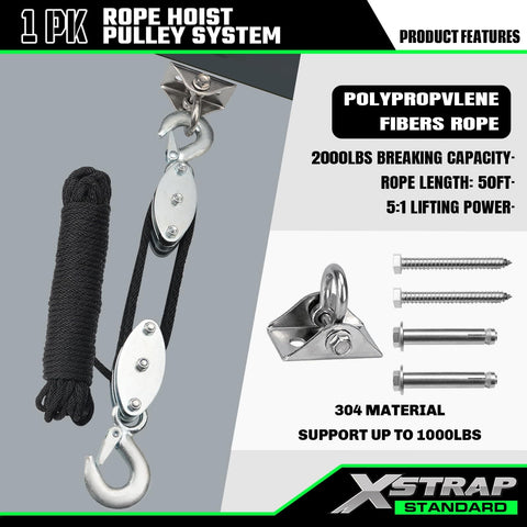 Rope Hoist Pulley System 1000 Lb Capacity 5 To 1 Block And Tackle with 50ft rope and stainless steel swing hanger