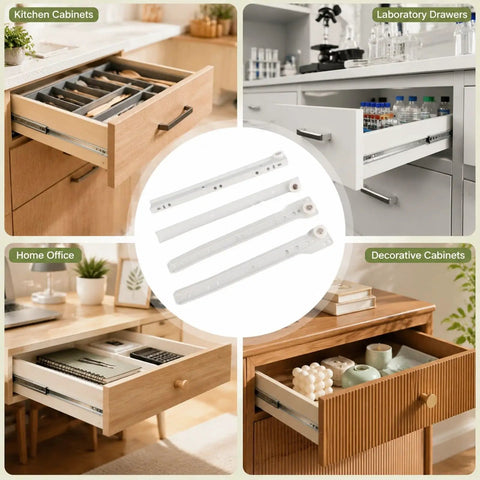 Beefy Cold Rolled Steel Drawer Slide Kit 25 Cm used in various cabinet types in kitchen and home office settings.