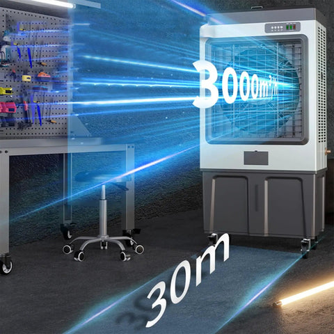 Dead Quiet Portable Swamp Cooler With Massive 180 Liter Tank And Three Adjustable Fan Speeds Evaporative Air Conditioner with airflow indicators.