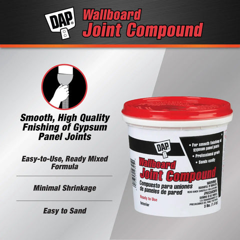 White Wallboard Joint Compound Ready Mixed For Interior Gypsum Panels, DIY Friendly Pro Grade Finish, Easy To Apply And Sand, Embeds Tape, Nail Heads And Corner Beads, 3 Lb Bag