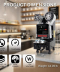 Rock Solid Fully Automatic Cup Sealer dimensions showing 22.4" height, 10" width, designed for 90 to 95 mm cups in cafes.