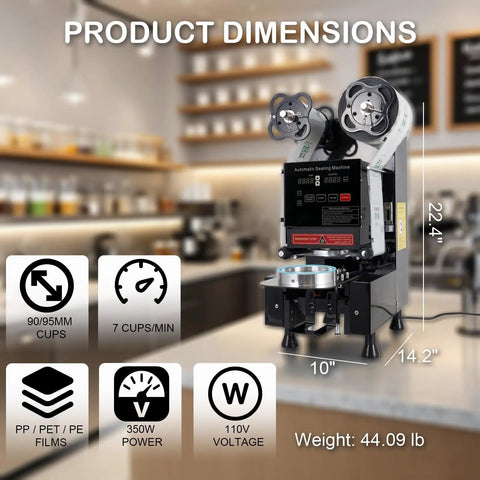 Rock Solid Fully Automatic Cup Sealer dimensions showing 22.4" height, 10" width, designed for 90 to 95 mm cups in cafes.