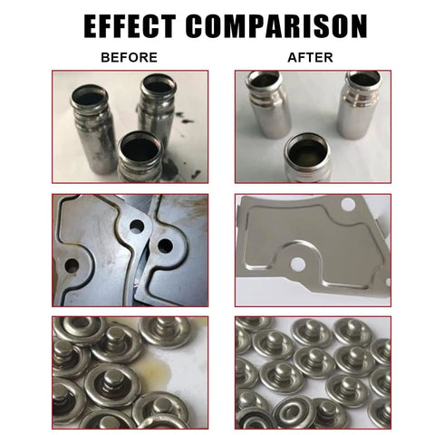 Before and after images showing cleaning results of metal auto parts with Heavy Duty Steel Parts Washer With Rapid Fluid Recycler.