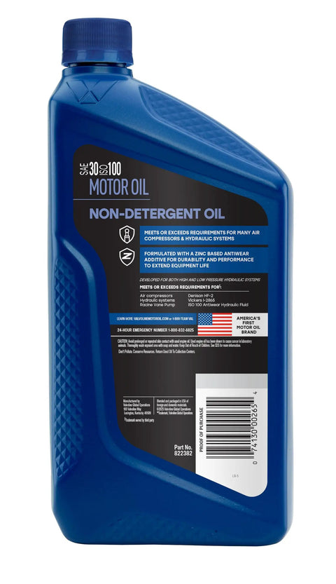 Back view of Non Detergent SAE 30 Conventional Motor Oil 1 Quart With Beefed Up Anti Wear Protection and features label.