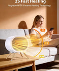 Portable 1000W Ceramic Space Heater For Home And Office With 3 Modes PTC Ceramic Heating on wooden table next to seated woman