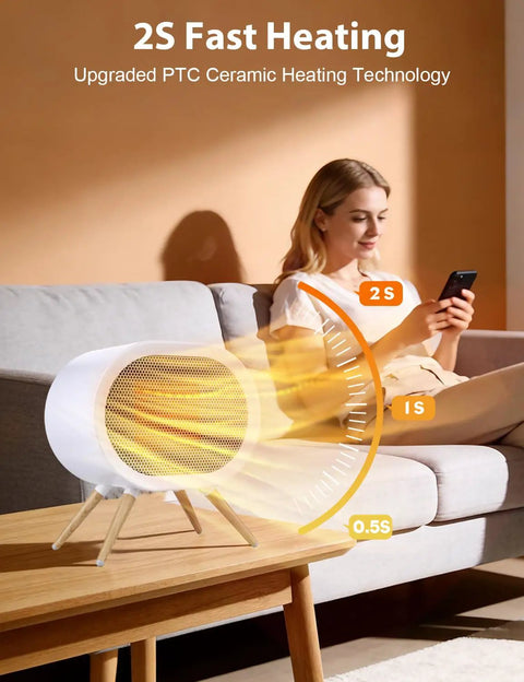 Portable 1000W Ceramic Space Heater For Home And Office With 3 Modes PTC Ceramic Heating on wooden table next to seated woman