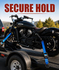 Heavy Duty 2 Inch By 10 Foot Retractable Ratchet Straps Set 4500 Lbs Load Rating Blue Tie Down Straps securing motorcycle on trailer
