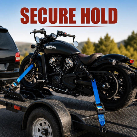 Heavy Duty 2 Inch By 10 Foot Retractable Ratchet Straps Set 4500 Lbs Load Rating Blue Tie Down Straps securing motorcycle on trailer