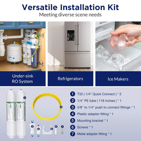 Top Shelf Inline Carbon Water Filter Kit For Refrigerator And Ice Maker With Hassle Free Hookup For Rv Sink Faucet And Ro Systems installation components displayed.