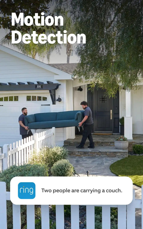 Top Shelf Battery Powered Doorbell Bundle Featuring Crisp 2K HD Footage And Rock Solid Wireless Indoor Security Cam For Peaceful Home Watching And Hella Quick Setup, two men carrying a couch in front of a house.
