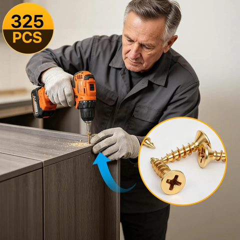 Man using drill with Nine Size M4 Wood Screws Set For Woodworking And Furniture Repairs 325 Piece Zinc Plated Self Tapping Phillips Flat Head Screws Kit