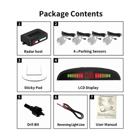 Back Up Parking Radar System With Four Ultrasonic Sensors, LED Distance Display, Audible Beep Warning, package contents displayed