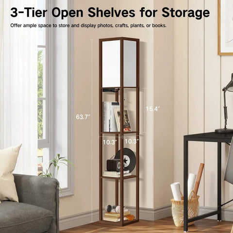 Floor Lamp With Shelves And LED USB Type C Ports Built In AC Outlet Three Color Temperatures Storage Display Walnut Wood Column Tall Standing Lamp For Living Room Bedroom Or Office