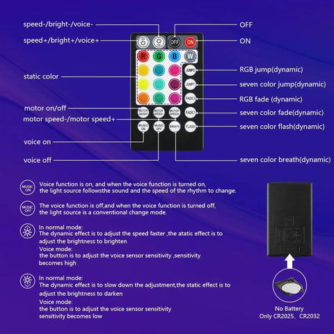 50W Dope Twinkle Fiber Optic Light Source With RGBW LED remote control displaying functions and a battery compartment