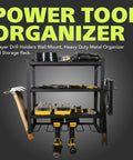 Wall Mounted Power Tool Organizer With 4 Layer Drill Rack And Side Holders For Screwdrivers Pliers And Hammers Heavy Duty Metal Garage Storage Shelf In Black