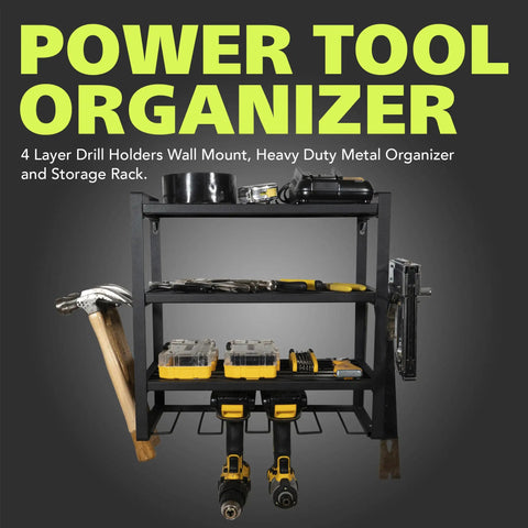 Wall Mounted Power Tool Organizer With 4 Layer Drill Rack And Side Holders For Screwdrivers Pliers And Hammers Heavy Duty Metal Garage Storage Shelf In Black