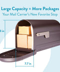 Rugged Post Mounted Mailbox in Rubbed Bronze Built to Last, showing open door with packages inside, heavy duty steel, 9.3 x 7.7 inches.