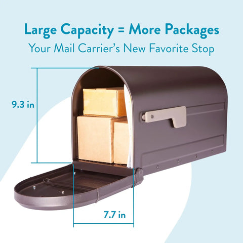 Rugged Post Mounted Mailbox in Rubbed Bronze Built to Last, showing open door with packages inside, heavy duty steel, 9.3 x 7.7 inches.