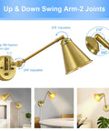 Dimmable Plug-In Wall Sconce Set of 2 in Vintage Brass, adjustable swing arm design shown at different angles in a room.