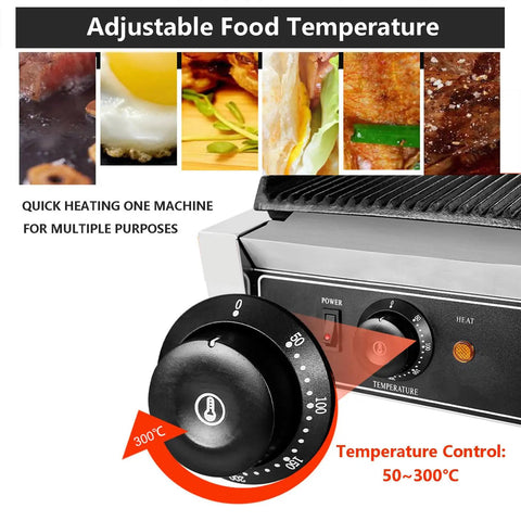 Close-up of adjustable temperature control dial on Heavy Duty Electric Sandwich Press Grill 2200W Nonstick Plate.