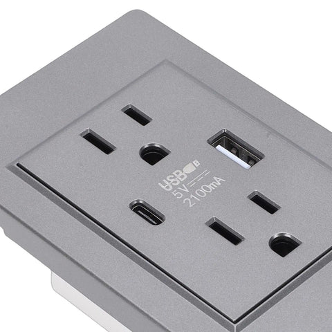 Top Shelf Grey 15 Amp Electrical Wall Outlet With Dual USB Charging Ports And Wall Plate Plug And Play Design For Rock Solid Residential Or Commercial Flush Mount Install showing USB ports and standard sockets.