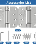 Rock Solid Self Closing Door Hinges Heavy Duty 4 Inch Spring Loaded Build Featuring 5 8 Inch Radius Corners accessories list with screws and tools.