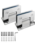 Beefy Frameless Glass Shower Door Hinges Set, Heavy Duty 304 Stainless Steel, shown with mounting hardware and tools.
