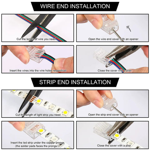 Instructions for installing 10 Pack 4 Pin 10mm Solderless LED Strip Light Connectors And 16.4 Ft Conductor Extension Cable, step-by-step guide
