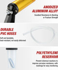Anodized Aluminum Alloy, durable PVC hoses, and polyethylene reservoir of One Man Brake Bleeder Kit With Adapters And Pressure Gauge.