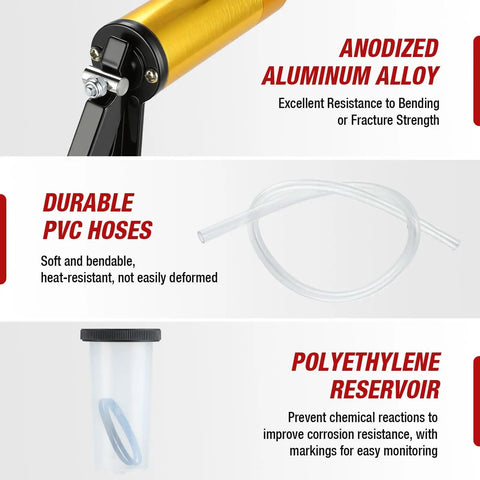 Anodized Aluminum Alloy, durable PVC hoses, and polyethylene reservoir of One Man Brake Bleeder Kit With Adapters And Pressure Gauge.