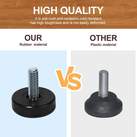 Comparison of rubber and plastic round one quarter inch thread furniture feet levelers, 24 pcs, black, adjustable screw in table and cabinet feet for chairs and stools, built tough and supports up to 200 lbs.