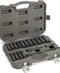 18 Piece Deep Metric Impact Socket Set for One Half Inch Drive, Off Corner Loading to Prevent Rounding in open case