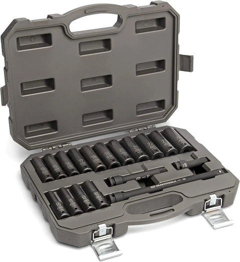 18 Piece Deep Metric Impact Socket Set for One Half Inch Drive, Off Corner Loading to Prevent Rounding in open case