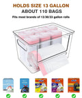 Kicking Clutter Away Trash Bag Dispenser 2 Pack holds size 13 gallon, acrylic box storing rolled bags, fits under sink.