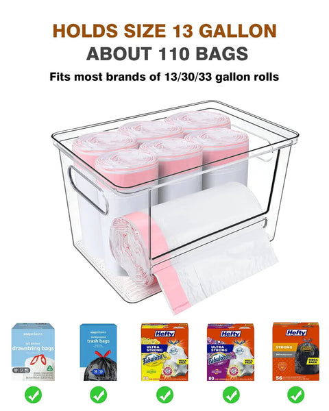 Kicking Clutter Away Trash Bag Dispenser 2 Pack holds size 13 gallon, acrylic box storing rolled bags, fits under sink.