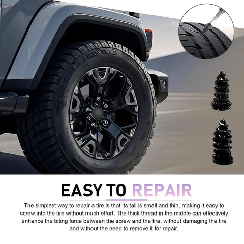 Close-up of car tire using 40 Piece Car Tire Repair Nails Screw In Self Service Vacuum Tire Plug Kit Carbon Steel Waterproof Puncture Repair Screws Portable Patch Tool For Bikes E Bikes And Motorcycles Black