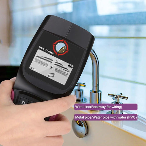 Stud Finder Wall Scanner, Electronic Stud Detector with LCD Display in hand, showing detection features for wires and pipes.