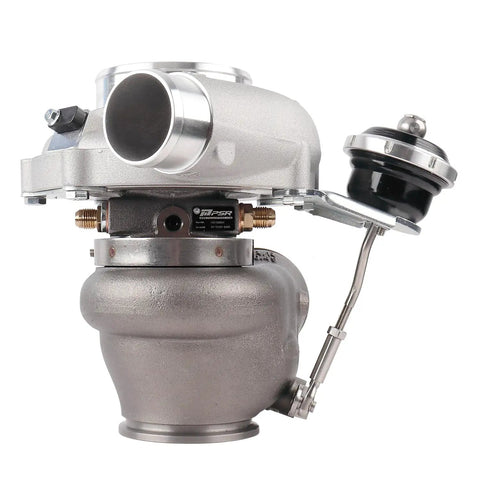 Dual V-Band Turbocharger Upgrade for Beefed-Up Street Boost, 0.92 A/R, side view, visible IWG actuation and compressor wheel
