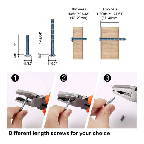 Illustration of different screws and installation for Brushed Satin Nickel 5 Inch Cabinet Pulls, 10 Pack with 128mm Hole Centers.