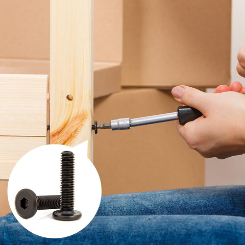 Person assembling furniture using Ten Piece Baby Crib Bolts Replacement Hardware Kit with Flat Head Socket Screws M6 x 25mm.