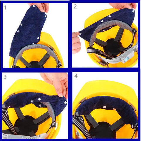 Four-step installation of Six Pack Cotton Hard Hat Sweatbands With Snap On Liner Reusable Sweatbands For Helmets