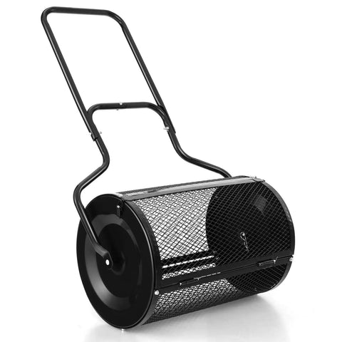 24 Inch Lawn Compost Spreader and Lawn Roller with lightweight metal mesh and double side latches for topsoil and peat moss coverage.